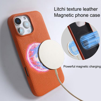 Litchi Texture Genuine Leather MagSafe Back Phone Case, For iPhone 15 Pro Max, For iPhone 15 Pro