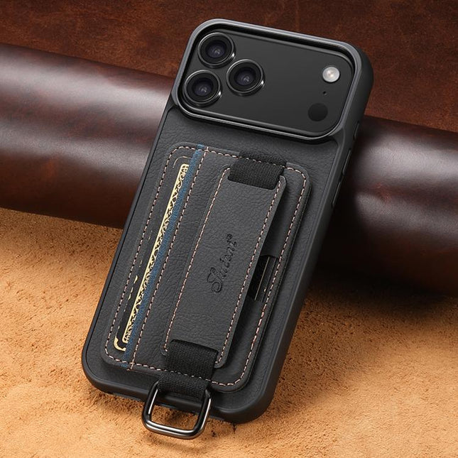 Suteni H13 Litchi Leather Wrist Strap Wallet Back Phone Case, For iPhone 18, For iPhone 18 Pro, For iPhone 18 Pro Max, For iPhone 17 Pro Max, For iPhone 17 Pro, For iPhone 17, For iPhone Air