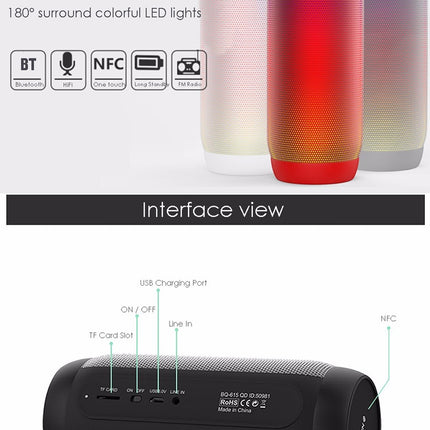 BQ615 PRO Kabelloser HiFi-Stereolautsprecher mit farbenfrohen LEDs, kombiniert Bluetooth + TF-Karten-Player + FM-Radio + AUX + NFC, BQ615 PRO