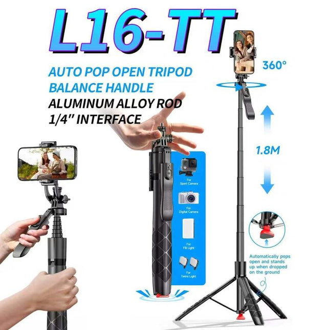 L16TT Auto Pop Up Tripod Anti Shake Floor Stand Aluminum Alloy Pole Extendable Selfie Stick, L16TT