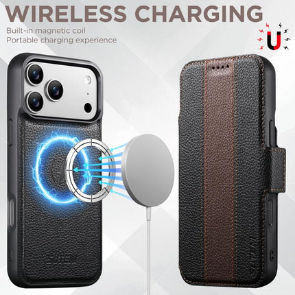 Suteni Q08 2-in-1 Multi-function Magnetic Wallet Big Litchi Vegan Leather Phone Case, For iPhone 17 Pro Max, For iPhone 17 Pro, For iPhone 17, For iPhone 16 Pro Max, For iPhone 16 Pro, For iPhone 16