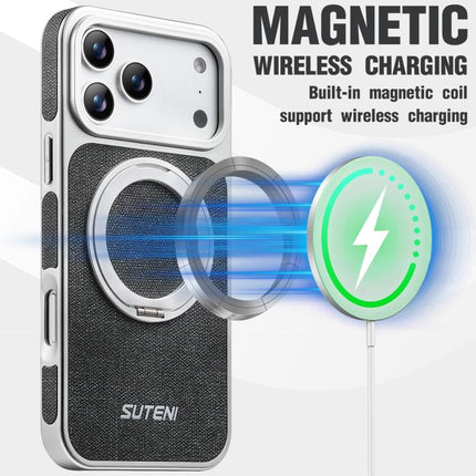 Suteni G6 Denim Pattern Electroplated 360 Rotation Holder Magnetic Phone Case, For iPhone 17 Pro Max, For iPhone 17 Pro, For iPhone 17, For iPhone 16 Pro Max, For iPhone 16 Pro, For iPhone 16, For iPhone 15 Pro Max, For iPhone 15 Pro