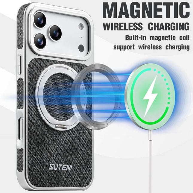 Suteni G6 Denim Pattern Electroplated 360 Rotation Holder Magnetic Phone Case, For iPhone 17 Pro Max, For iPhone 17 Pro, For iPhone 17, For iPhone 16 Pro Max, For iPhone 16 Pro, For iPhone 16, For iPhone 15 Pro Max, For iPhone 15 Pro