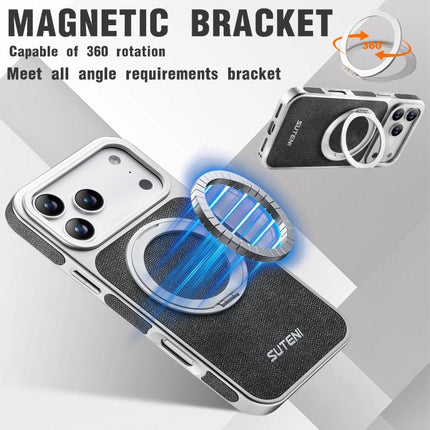 Suteni G6 Denim Pattern Electroplated 360 Rotation Holder Magnetic Phone Case, For iPhone 17 Pro Max, For iPhone 17 Pro, For iPhone 17, For iPhone 16 Pro Max, For iPhone 16 Pro, For iPhone 16, For iPhone 15 Pro Max, For iPhone 15 Pro