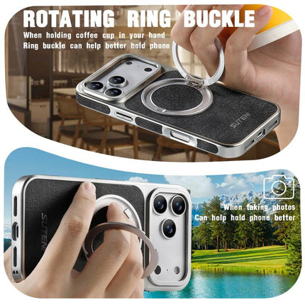 Suteni G6 Denim Pattern Electroplated 360 Rotation Holder Magnetic Phone Case, For iPhone 17 Pro Max, For iPhone 17 Pro, For iPhone 17, For iPhone 16 Pro Max, For iPhone 16 Pro, For iPhone 16, For iPhone 15 Pro Max, For iPhone 15 Pro
