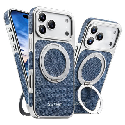 Suteni G6 Denim Pattern Electroplated 360 Rotation Holder Magnetic Phone Case, For iPhone 17 Pro Max, For iPhone 17 Pro, For iPhone 17, For iPhone 16 Pro Max, For iPhone 16 Pro, For iPhone 16, For iPhone 15 Pro Max, For iPhone 15 Pro