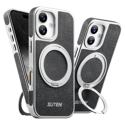 Suteni G6 Denim Pattern Electroplated 360 Rotation Holder Magnetic Phone Case, For iPhone 17 Pro Max, For iPhone 17 Pro, For iPhone 17, For iPhone 16 Pro Max, For iPhone 16 Pro, For iPhone 16, For iPhone 15 Pro Max, For iPhone 15 Pro