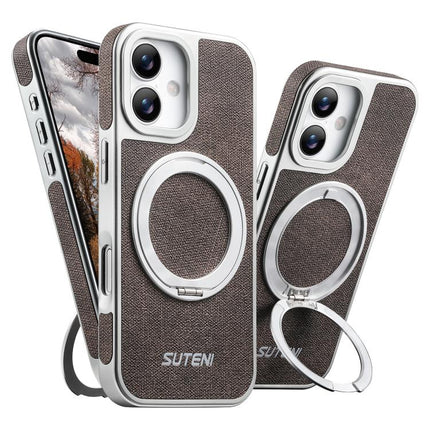 Suteni G6 Denim Pattern Electroplated 360 Rotation Holder Magnetic Phone Case, For iPhone 17 Pro Max, For iPhone 17 Pro, For iPhone 17, For iPhone 16 Pro Max, For iPhone 16 Pro, For iPhone 16, For iPhone 15 Pro Max, For iPhone 15 Pro