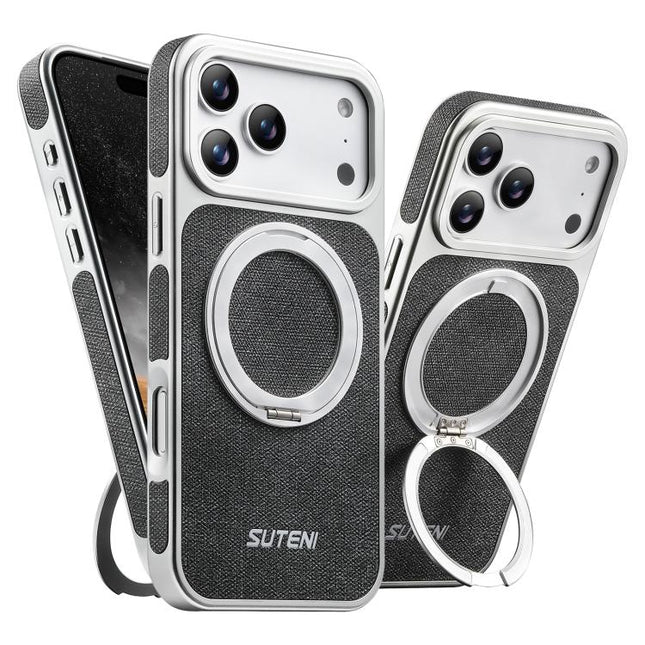 Suteni G6 Denim Pattern Electroplated 360 Rotation Holder Magnetic Phone Case, For iPhone 17 Pro Max, For iPhone 17 Pro, For iPhone 17, For iPhone 16 Pro Max, For iPhone 16 Pro, For iPhone 16, For iPhone 15 Pro Max, For iPhone 15 Pro