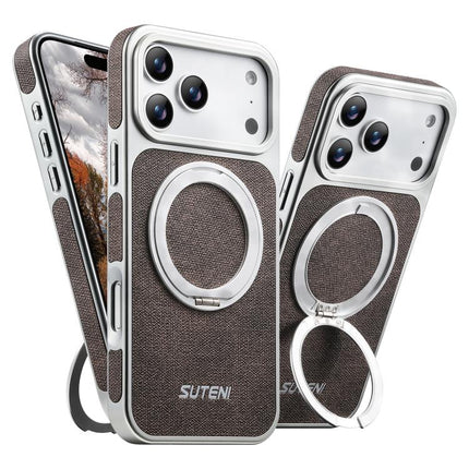 Suteni G6 Denim Pattern Electroplated 360 Rotation Holder Magnetic Phone Case, For iPhone 17 Pro Max, For iPhone 17 Pro, For iPhone 17, For iPhone 16 Pro Max, For iPhone 16 Pro, For iPhone 16, For iPhone 15 Pro Max, For iPhone 15 Pro