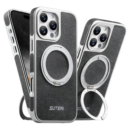 Suteni G6 Denim Pattern Electroplated 360 Rotation Holder Magnetic Phone Case, For iPhone 17 Pro Max, For iPhone 17 Pro, For iPhone 17, For iPhone 16 Pro Max, For iPhone 16 Pro, For iPhone 16, For iPhone 15 Pro Max, For iPhone 15 Pro
