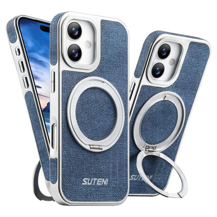 Suteni G6 Denim Pattern Electroplated 360 Rotation Holder Magnetic Phone Case, For iPhone 17 Pro Max, For iPhone 17 Pro, For iPhone 17, For iPhone 16 Pro Max, For iPhone 16 Pro, For iPhone 16, For iPhone 15 Pro Max, For iPhone 15 Pro