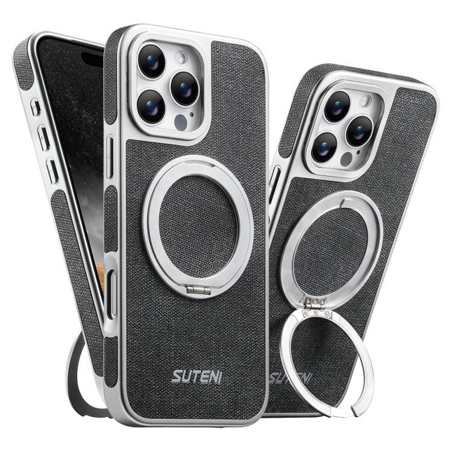 Suteni G6 Denim Pattern Electroplated 360 Rotation Holder Magnetic Phone Case, For iPhone 17 Pro Max, For iPhone 17 Pro, For iPhone 17, For iPhone 16 Pro Max, For iPhone 16 Pro, For iPhone 16, For iPhone 15 Pro Max, For iPhone 15 Pro