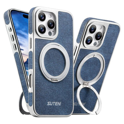 Suteni G6 Denim Pattern Electroplated 360 Rotation Holder Magnetic Phone Case, For iPhone 17 Pro Max, For iPhone 17 Pro, For iPhone 17, For iPhone 16 Pro Max, For iPhone 16 Pro, For iPhone 16, For iPhone 15 Pro Max, For iPhone 15 Pro