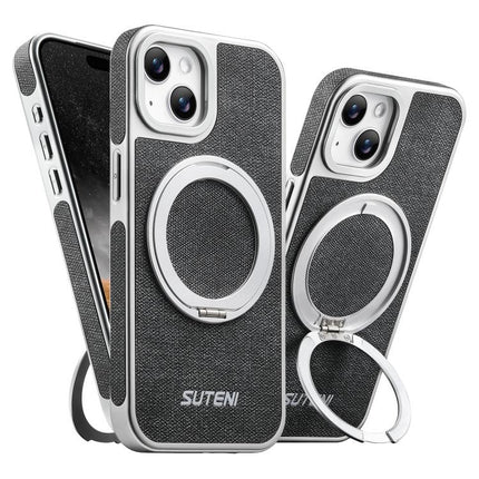 Suteni G6 Denim Pattern Electroplated 360 Rotation Holder Magnetic Phone Case, For iPhone 15, For iPhone 14, For iPhone 14 Pro, For iPhone 14 Pro Max, For iPhone 13 Pro Max, For iPhone 13 Pro, For iPhone 13