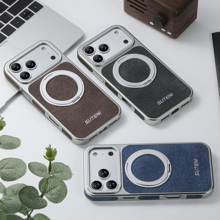 Suteni G6 Denim Pattern Electroplated 360 Rotation Holder Magnetic Phone Case, For iPhone 17 Pro Max, For iPhone 17 Pro, For iPhone 17, For iPhone 16 Pro Max, For iPhone 16 Pro, For iPhone 16, For iPhone 15 Pro Max, For iPhone 15 Pro