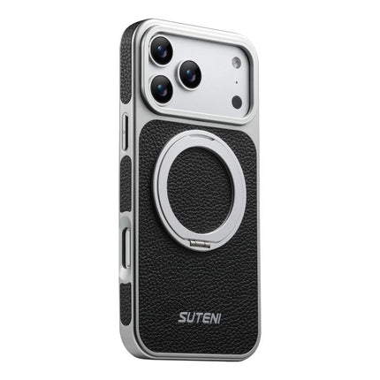 Suteni G6 Large Litchi Texture Electroplated 360 Rotation Holder Magnetic Phone Case, For iPhone 17 Pro Max, For iPhone 17 Pro, For iPhone 17, For iPhone 16 Pro Max, For iPhone 16 Pro, For iPhone 16, For iPhone 15 Pro Max, For iPhone 15 Pro