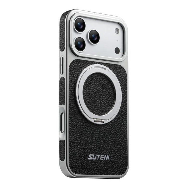 Suteni G6 Large Litchi Texture Electroplated 360 Rotation Holder Magnetic Phone Case, For iPhone 17 Pro Max, For iPhone 17 Pro, For iPhone 17, For iPhone 16 Pro Max, For iPhone 16 Pro, For iPhone 16, For iPhone 15 Pro Max, For iPhone 15 Pro