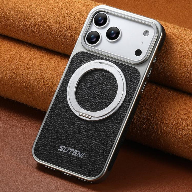 Suteni G6 Large Litchi Texture Electroplated 360 Rotation Holder Magnetic Phone Case, For iPhone 17 Pro Max, For iPhone 17 Pro, For iPhone 17, For iPhone 16 Pro Max, For iPhone 16 Pro, For iPhone 16, For iPhone 15 Pro Max, For iPhone 15 Pro