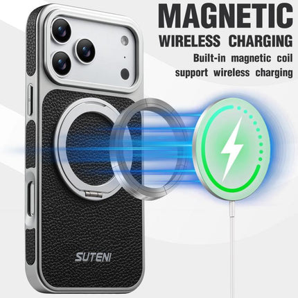 Suteni G6 Large Litchi Texture Electroplated 360 Rotation Holder Magnetic Phone Case, For iPhone 17 Pro Max, For iPhone 17 Pro, For iPhone 17, For iPhone 16 Pro Max, For iPhone 16 Pro, For iPhone 16, For iPhone 15 Pro Max, For iPhone 15 Pro
