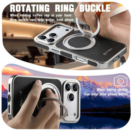 Suteni G6 Large Litchi Texture Electroplated 360 Rotation Holder Magnetic Phone Case, For iPhone 17 Pro Max, For iPhone 17 Pro, For iPhone 17, For iPhone 16 Pro Max, For iPhone 16 Pro, For iPhone 16, For iPhone 15 Pro Max, For iPhone 15 Pro