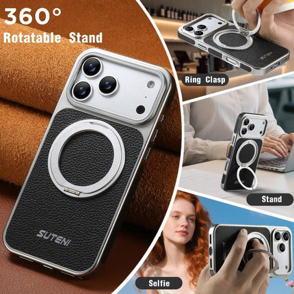 Suteni G6 Large Litchi Texture Electroplated 360 Rotation Holder Magnetic Phone Case, For iPhone 17 Pro Max, For iPhone 17 Pro, For iPhone 17, For iPhone 16 Pro Max, For iPhone 16 Pro, For iPhone 16, For iPhone 15 Pro Max, For iPhone 15 Pro