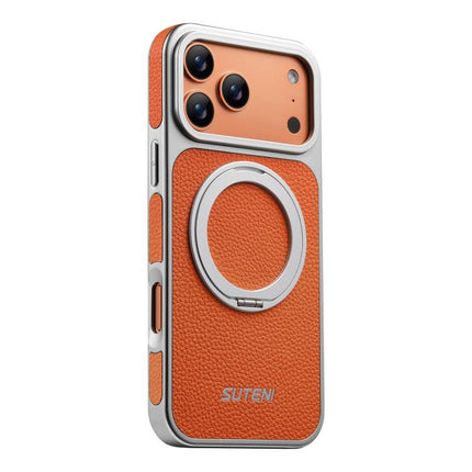 Suteni G6 Large Litchi Texture Electroplated 360 Rotation Holder Magnetic Phone Case, For iPhone 17 Pro Max, For iPhone 17 Pro, For iPhone 17, For iPhone 16 Pro Max, For iPhone 16 Pro, For iPhone 16, For iPhone 15 Pro Max, For iPhone 15 Pro