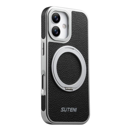 Suteni G6 Large Litchi Texture Electroplated 360 Rotation Holder Magnetic Phone Case, For iPhone 17 Pro Max, For iPhone 17 Pro, For iPhone 17, For iPhone 16 Pro Max, For iPhone 16 Pro, For iPhone 16, For iPhone 15 Pro Max, For iPhone 15 Pro