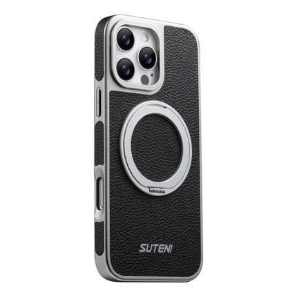 Suteni G6 Large Litchi Texture Electroplated 360 Rotation Holder Magnetic Phone Case, For iPhone 17 Pro Max, For iPhone 17 Pro, For iPhone 17, For iPhone 16 Pro Max, For iPhone 16 Pro, For iPhone 16, For iPhone 15 Pro Max, For iPhone 15 Pro