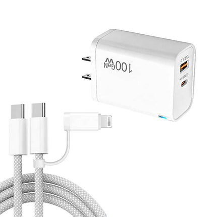 PD47 100W GaN PD Type-C + QC3.0 USB Charger with Type-C to Type-C / 8-Pin Data Cable, US Plug, US Plug
