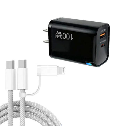 PD47 100W GaN PD Type-C + QC3.0 USB Charger with Type-C to Type-C / 8-Pin Data Cable, US Plug, US Plug