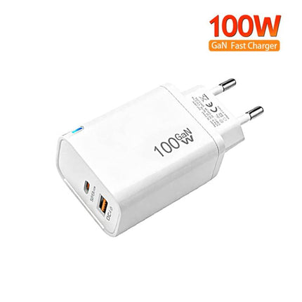 PD47 100W GaN PD Type-C + QC3.0 USB Charger with Type-C to Type-C / 8-Pin Data Cable, EU Plug, EU Plug