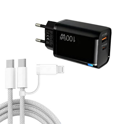 PD47 100W GaN PD Type-C + QC3.0 USB Charger with Type-C to Type-C / 8-Pin Data Cable, EU Plug, EU Plug