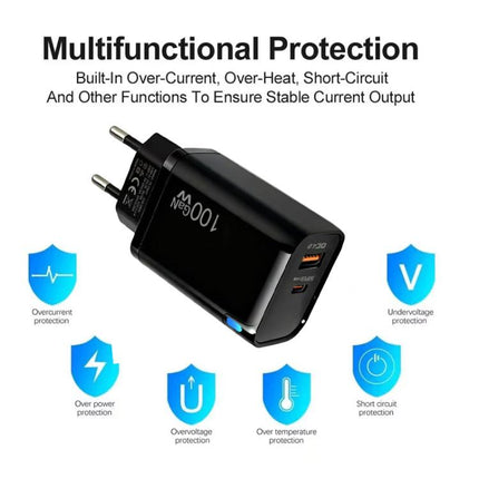 PD47 100W GaN PD Type-C + QC3.0 USB Charger with Type-C to Type-C / 8-Pin Data Cable, EU Plug, EU Plug
