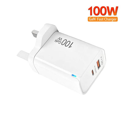 PD47 100W GaN PD Type-C + QC3.0 USB Charger with Type-C to Type-C / 8-Pin Data Cable, UK Plug, UK Plug