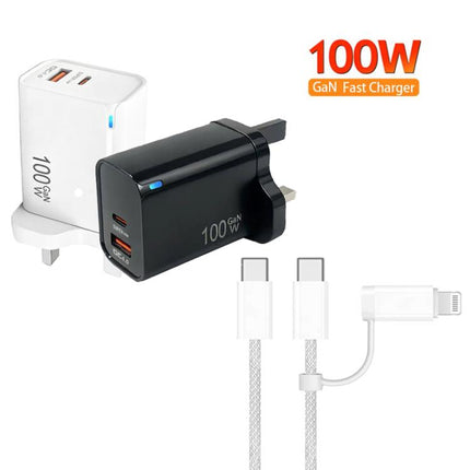 PD47 100W GaN PD Type-C + QC3.0 USB Charger with Type-C to Type-C / 8-Pin Data Cable, UK Plug, UK Plug