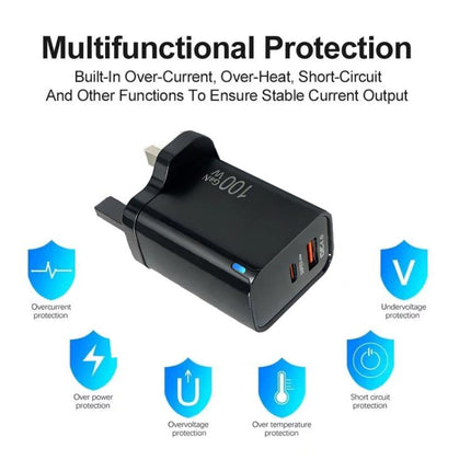 PD47 100W GaN PD Type-C + QC3.0 USB Charger with Type-C to Type-C / 8-Pin Data Cable, UK Plug, UK Plug