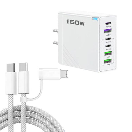 160W Type-C x 3, USB x 3 Quick Charger with Type-C to Type-C / 8 Pin Cable, US Plug, US Plug + Cable