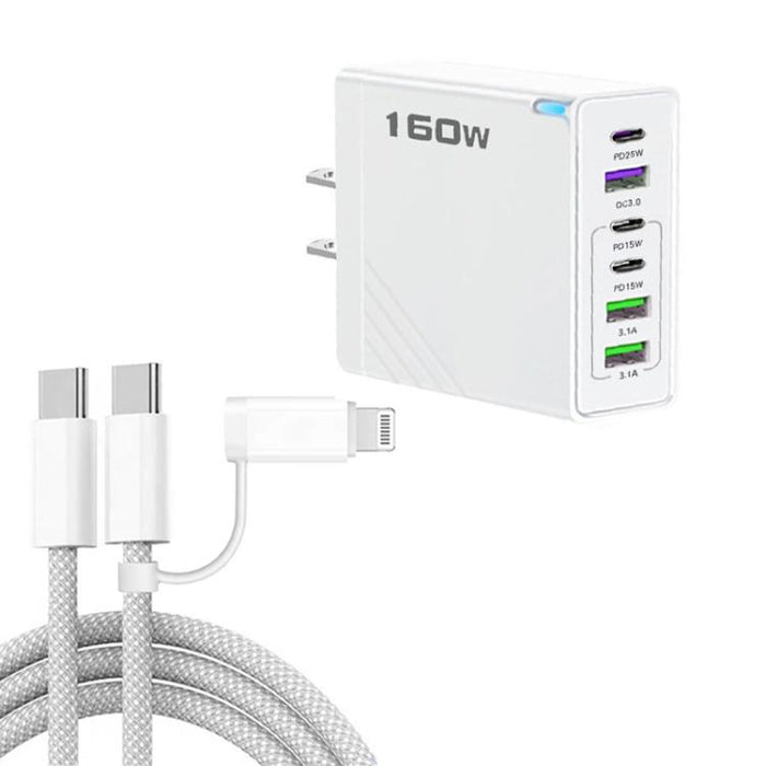 160W Type-C x 3, USB x 3 Quick Charger with Type-C to Type-C / 8 Pin Cable, US Plug, US Plug + Cable