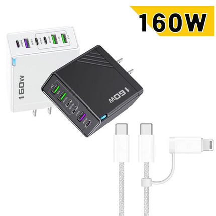 160W Type-C x 3, USB x 3 Quick Charger with Type-C to Type-C / 8 Pin Cable, US Plug, US Plug + Cable