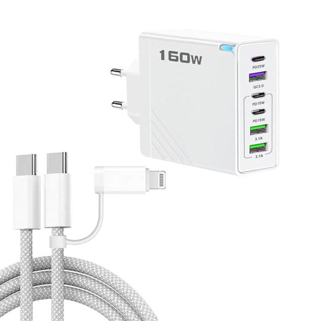 160W Type-C x 3, USB x 3 Quick Charger with Type-C to Type-C / 8 Pin Cable, EU Plug, EU Plug + Cable