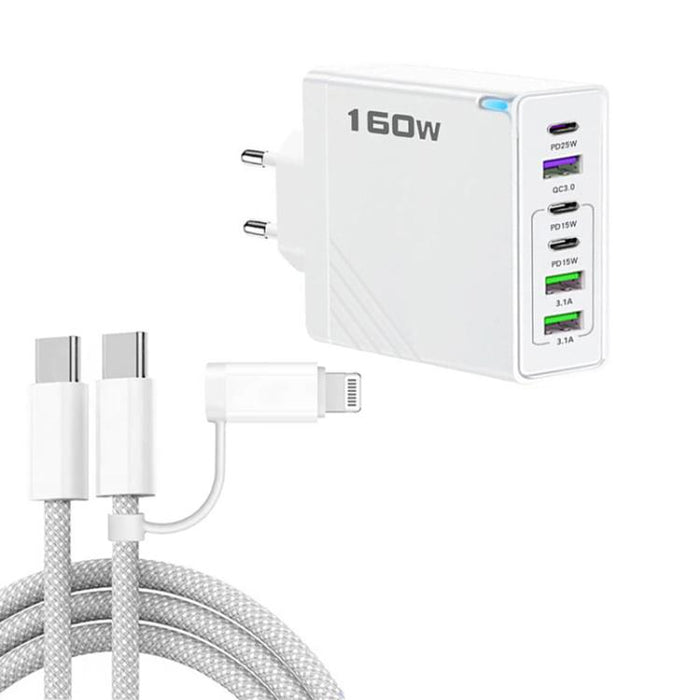 160W Type-C x 3, USB x 3 Quick Charger with Type-C to Type-C / 8 Pin Cable, EU Plug, EU Plug + Cable