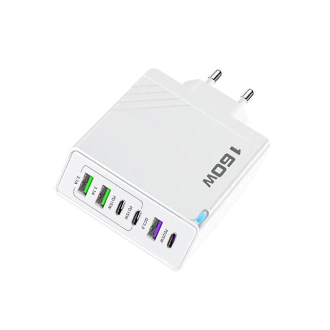 160W Type-C x 3, USB x 3 Quick Charger with Type-C to Type-C / 8 Pin Cable, EU Plug, EU Plug + Cable