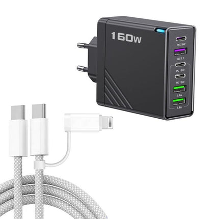 160W Type-C x 3, USB x 3 Quick Charger with Type-C to Type-C / 8 Pin Cable, EU Plug, EU Plug + Cable