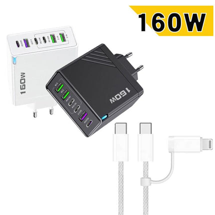 160W Type-C x 3, USB x 3 Quick Charger with Type-C to Type-C / 8 Pin Cable, EU Plug, EU Plug + Cable