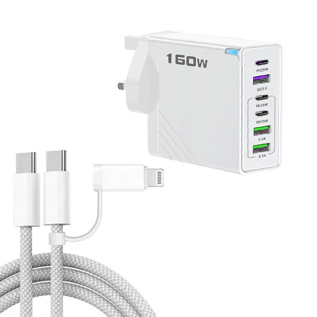 160W Type-C x 3, USB x 3 Quick Charger with Type-C to Type-C / 8 Pin Cable, UK Plug, UK Plug + Cable