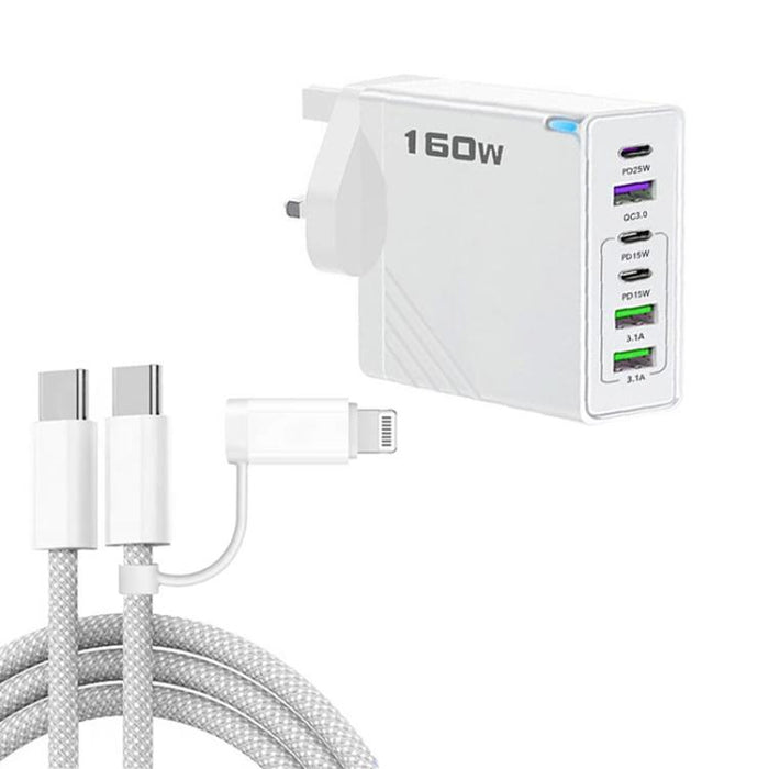 160W Type-C x 3, USB x 3 Quick Charger with Type-C to Type-C / 8 Pin Cable, UK Plug, UK Plug + Cable