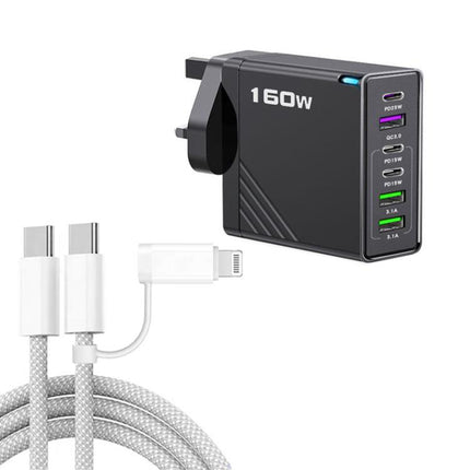 160W Type-C x 3, USB x 3 Quick Charger with Type-C to Type-C / 8 Pin Cable, UK Plug, UK Plug + Cable