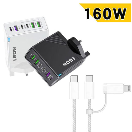 160W Type-C x 3, USB x 3 Quick Charger with Type-C to Type-C / 8 Pin Cable, UK Plug, UK Plug + Cable