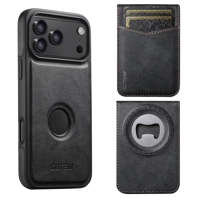 Suteni G1S5 2-in-1 Magnetic Detachable Bottle Opener Card Bag Cow Leather Back Phone Case, For iPhone 17 Pro Max, For iPhone 17 Pro, For iPhone 17, For iPhone Air, For iPhone 16 Pro Max, For iPhone 16 Pro, For iPhone 16 Plus, For iPhone 16